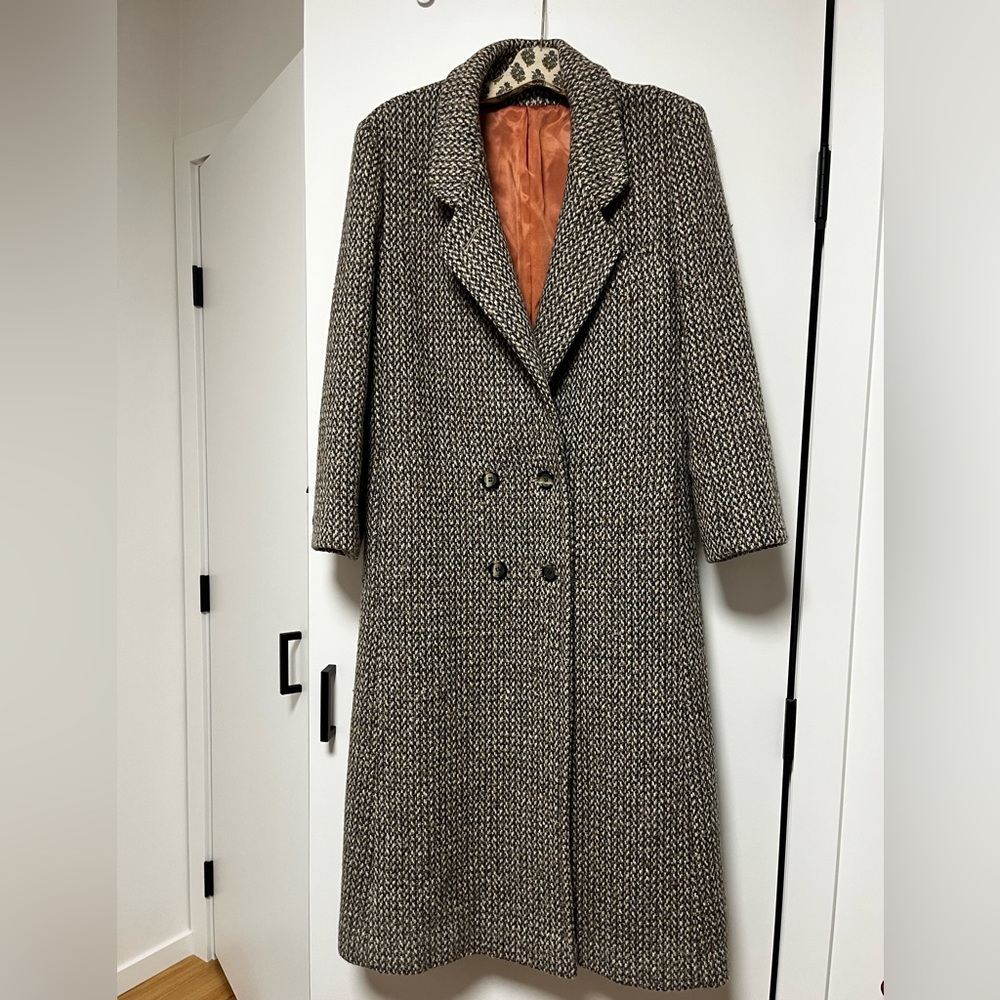 Women's Wool Herringbone Double-Breasted Coat - Brown and Gray